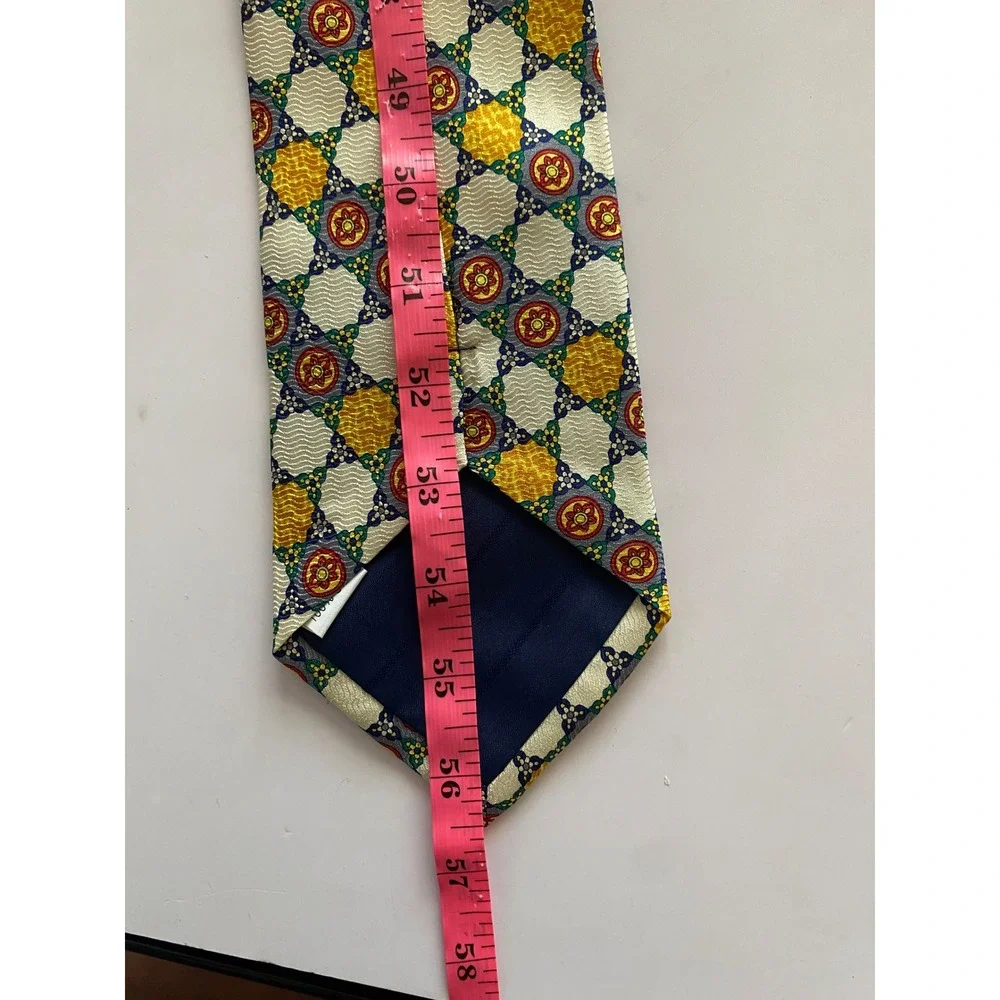 Shenshi Mens 100% Silk Tie Yellow Blue Red Geometric Medallion Woven Pattern